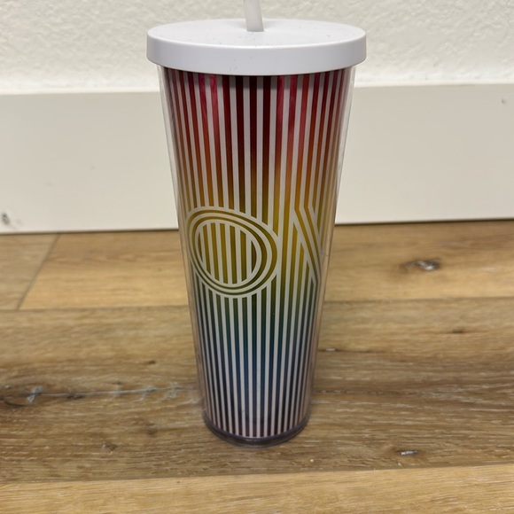 2019 Starbucks LOVE Striped Rainbow Foil Cold Cup with Lid & Straw 24oz - Picture 1 of 9
